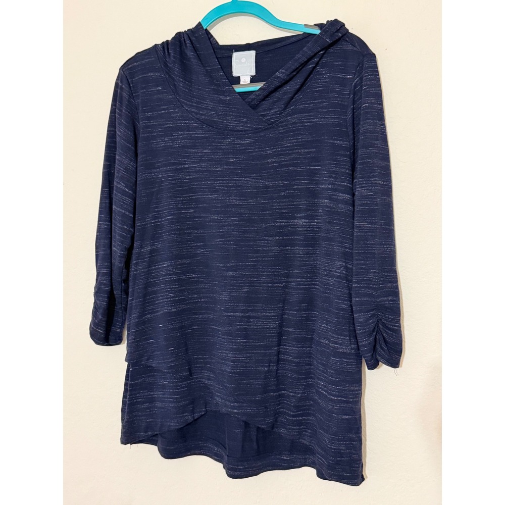 Sunday Navy Blue Space Dye Hooded Tunic Top 3/4 Ruched Sleeve Large